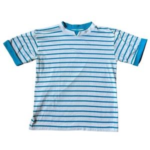 Vintage Center Aisle T-shirt Teal Stripes S Small Cuffed Short Sleeve Notch Neck